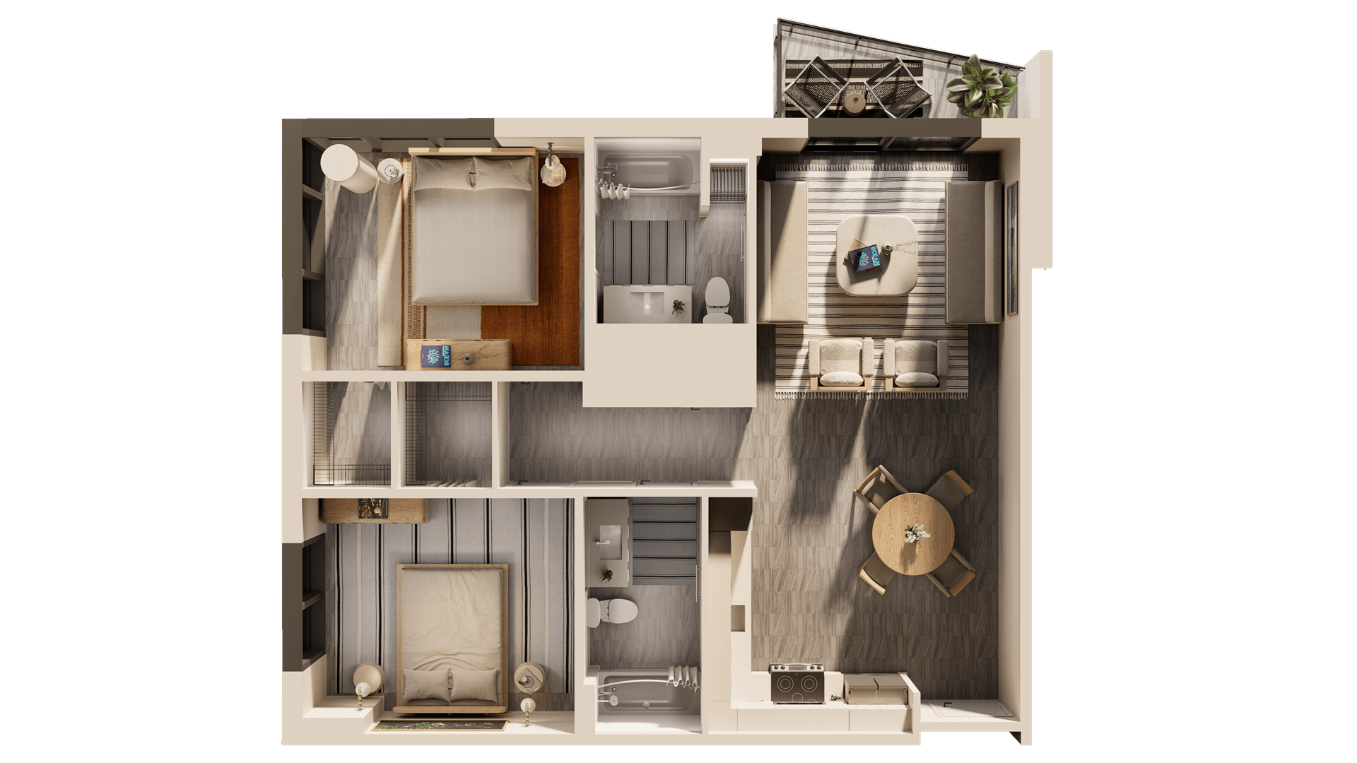 A dollhouse with a white exterior and detailed interior furnishings.